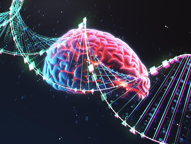 Conceito de bioengenharia e ciência com cérebro humano e símbolos de DNA em fundo escuro IA generativa