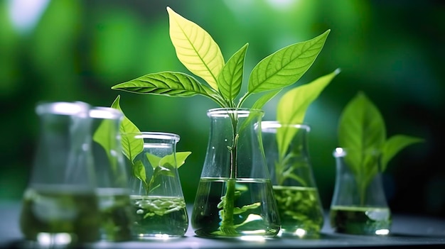 Conceito de biotecnologia com planta verde deixa vidraria de laboratório e conduzindo pesquisas ilustrando a poderosa combinação de natureza e ciência em avanços médicos AI Generative