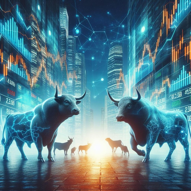 conceito de bolsa de valores ou tecnologia financeira polígono touro e urso com futurista