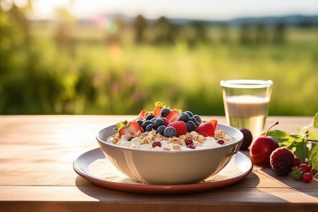 Conceito de café da manhã saudável com frutas de aveia, leite de aveia vegana e campo de cereais maduros