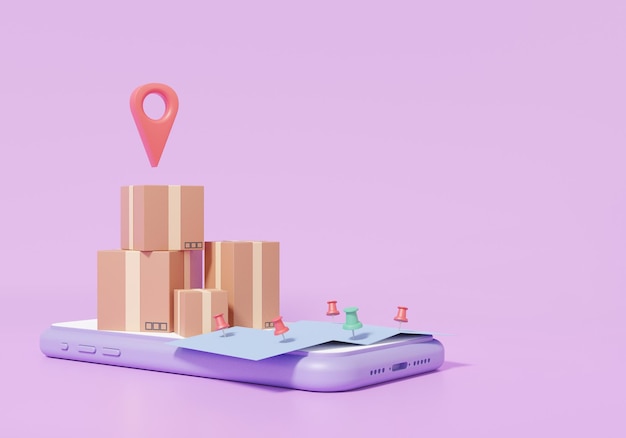 Conceito de caixa de entrega on-line para smartphone pin ponteiro marca localização e serviço de mapas de envio de escritório entroncamento expresso em fundo pastel roxo renderização em 3D