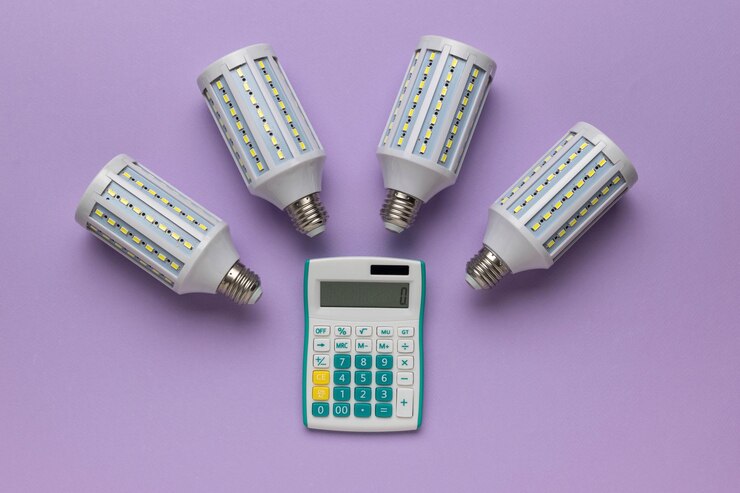 Foto conceito de cálculo da eficiência energética com lâmpadas led e calculadora em fundo roxo