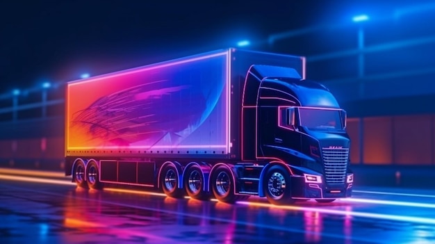 Conceito de caminhão autônomo avançado digitalizado IA generativa transforma um grande caminhão semi com um reboque de carga dirigindo na estrada