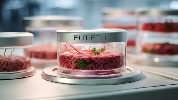 Foto conceito de carne cultivada um ambiente de laboratório apresenta uma placa de petri nutrindo carne cultivada em laboratório promissora