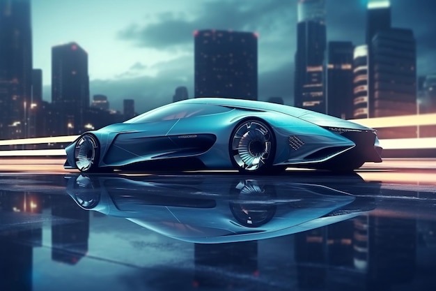 Conceito de carro ultra super velocidade com cidade futurista no fundo generative ai