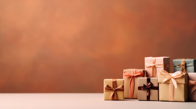 Conceito de cartão de natal e férias com caixas de presente embrulhadas com fitas de seda com laço