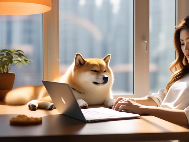 conceito de casa Mulher usando laptop Shiba Inu cão dormir perto dela trabalhando