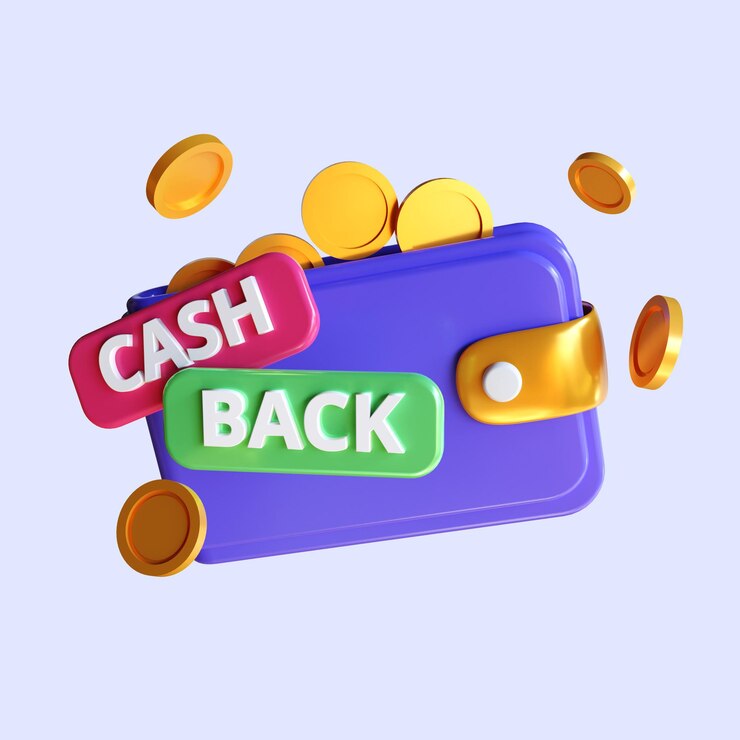 Conceito de Cashback 3D, obtenha recompensas, pagamento digital com dinheiro de volta, compras online, programa de fidelidade