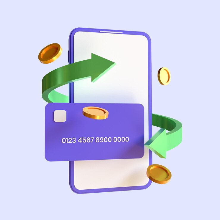 Conceito de Cashback 3D, obtenha recompensas, pagamento digital com dinheiro de volta, compras online, programa de fidelidade
