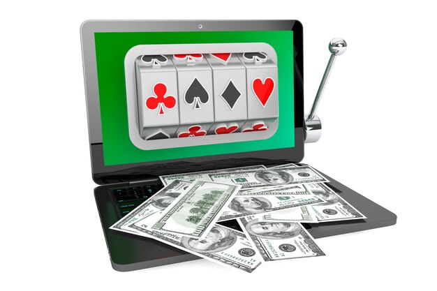 Conceito de casino online. máquina caça-níqueis dentro do laptop com dólares em um fundo branco
