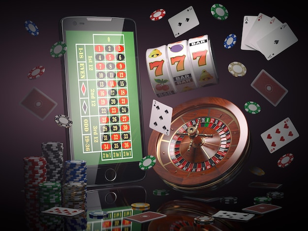 Conceito de cassino online Roleta de celular com slot machine de fichas de cassino e ilustração 3d de cartões