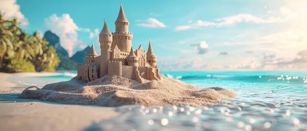 Conceito de castelo de areia de praia para férias de verão imagem 3D