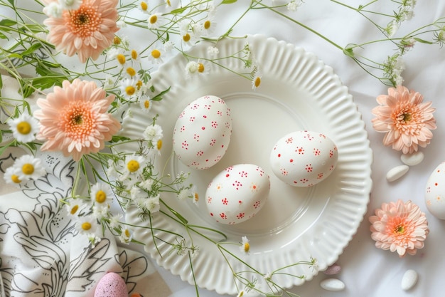 Conceito de celebração da Páscoa com ovos decorados e flores de margarida