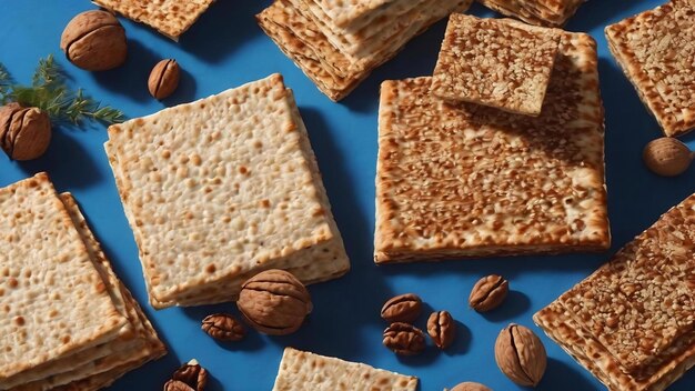 Conceito de celebração da Páscoa matzah vermelho kosher e noz tradicional pão ritual judaico em ba azul