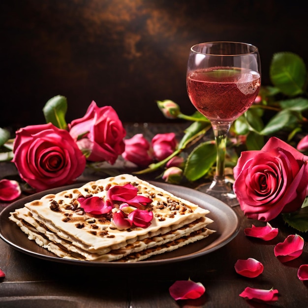 Conceito de celebração da Páscoa Matzah vinho vermelho kosher noz e primavera belas flores de rosa