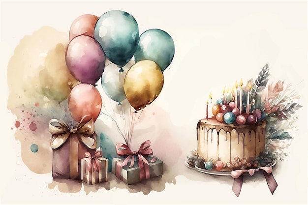 Conceito de celebração de aniversário feliz Decoração de festa de aniversário de saudação Cartão de convite Ilustração de aquarela Gerada por IA