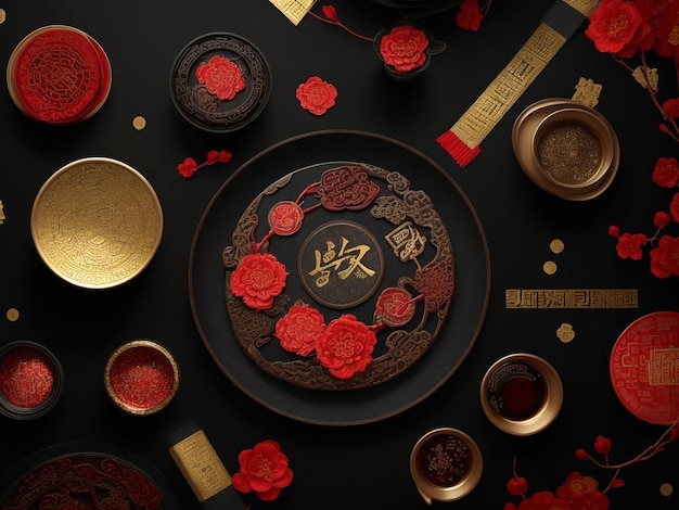 Conceito de celebração do Ano Novo Chinês com espaço de cópia vista superior fundo preto com textura