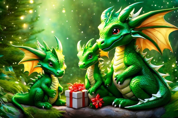 Conceito de celebração do Ano Novo ou Natal Dragão Verde simbolizando a chegada do Ano Novo 2024