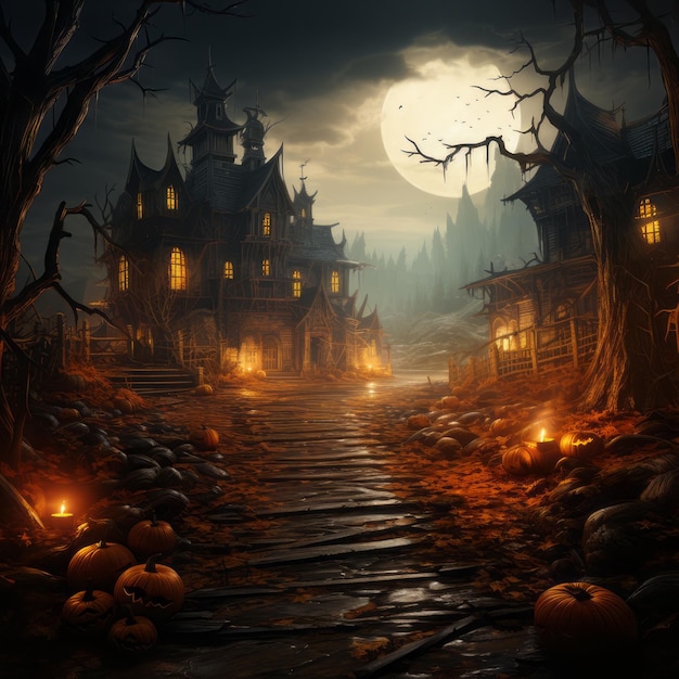 Conceito de celebração do Halloween Casa assombrada Fundo de Halloween com prédios desertos e abóbora