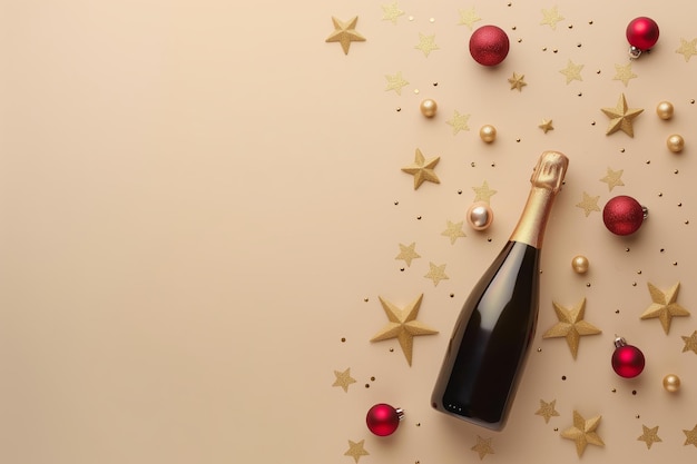 Conceito de celebração minimalista com garrafa de champanhe, estrelas douradas e bolinhas vermelhas em uma tela bege