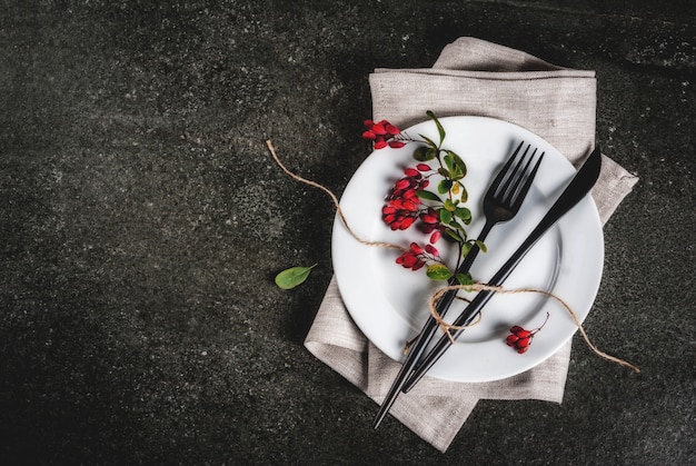 Conceito de cena de comida outono. Jantar de ação de Graças, mesa de pedra escura com conjunto de faca talheres, garfo com bagas de outono como decoração. Cena negra. Vista superior do espaço da cópia