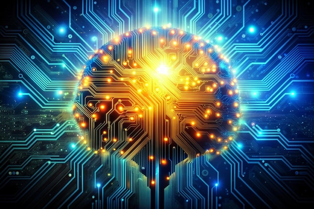 Conceito de cérebro tecnológico e aprendizagem de máquina Placa de circuito abstrato