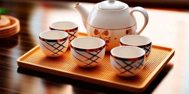 Conceito de chá asiático maquete de xícaras brancas de chá e bule rodeado de chá sobre fundo claro