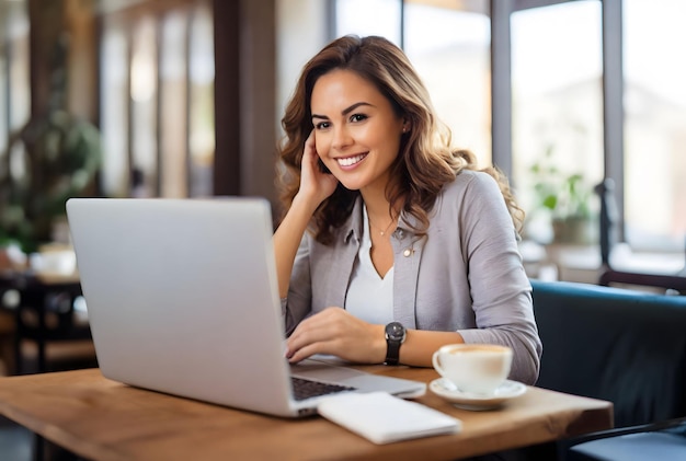 Conceito de chamada de vídeo e chat Mulher videoconferência em laptop em cafeteria Generative ai