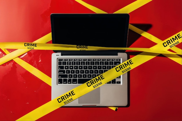 Conceito de cibercrime com laptop e fita de cautela