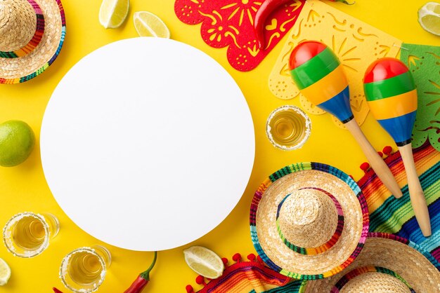 Conceito de cincodemayo foto de top view de círculo branco tequila limão sombrero colorida listrada serape guirlandas e maracas em fundo amarelo brilhante isolado com copyspace