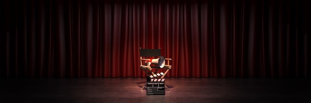 Conceito de cinema de vídeo Cadeira do diretor e badalo de filme renderização em 3d