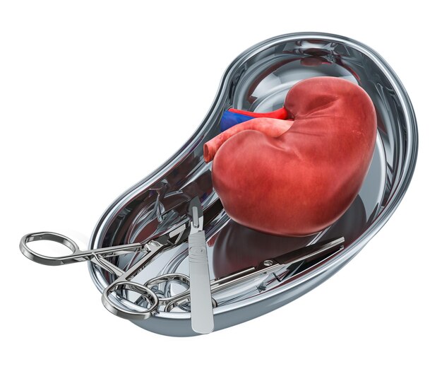 Foto conceito de cirurgia de transplante renal rim doador em bandeja metálica com instrumentos cirúrgicos