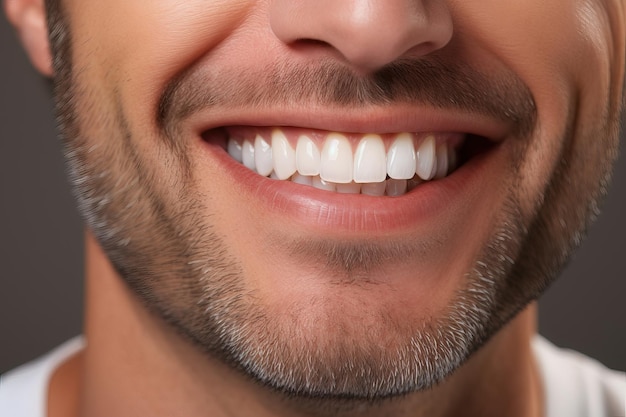 Conceito de clareamento dental homem caucasiano de meia idade sorridente com dentes perfeitamente brancos e uniformes boca sorridente de perto