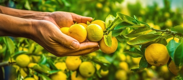 Conceito de colheita de citrinos por um agricultor que colhe laranjas