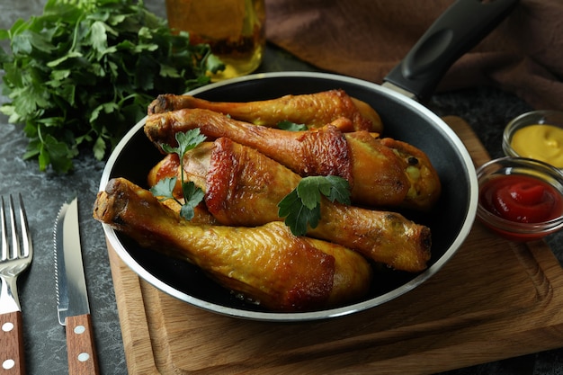 Conceito de comer deliciosamente com uma panela de coxinhas de frango assado na mesa esfumada preta