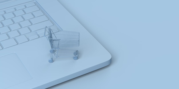 Foto conceito de comércio digital carrinho de compras em um laptop ilustração 3d de compras online banner