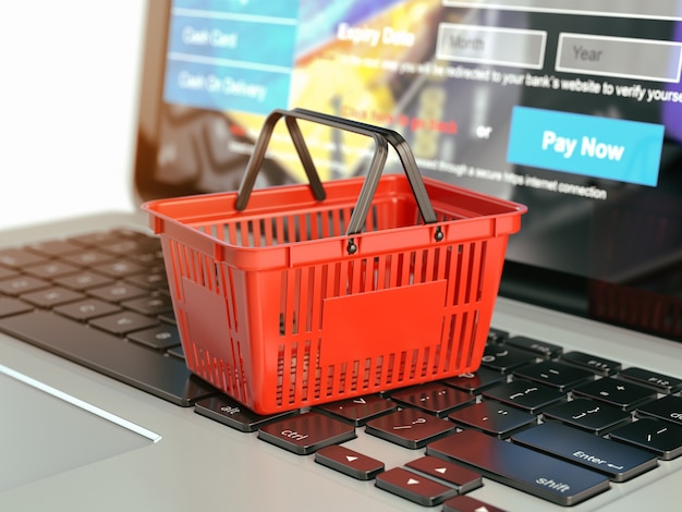 Conceito de comércio eletrônico de compras online Cesta de compras no teclado do laptop ilustração 3D