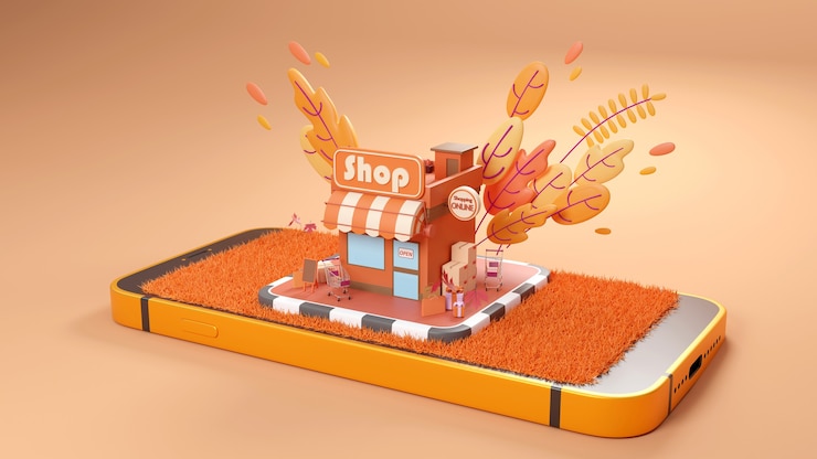Foto conceito de comércio eletrônico no outono, compras on-line e serviço de entrega em aplicativos móveis., renderização em 3d.