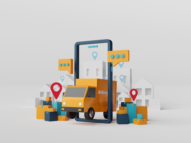 Conceito de comércio eletrônico Serviço de entrega em aplicativo móvel Entrega de transporte por caminhão renderização em 3d