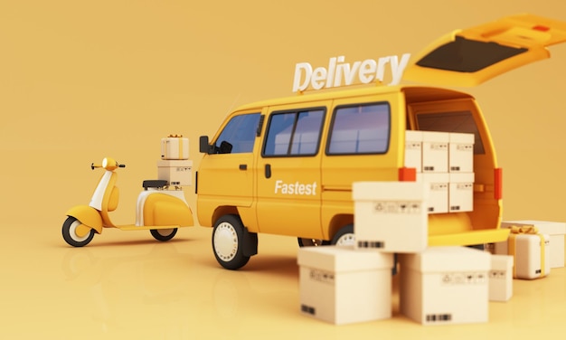 Conceito de comércio eletrônico Serviço de entrega em aplicativo móvel Entrega de transporte por caminhão Vans e moto scooter e pacotes de produtos caixas de presente tom amarelo renderização em 3d
