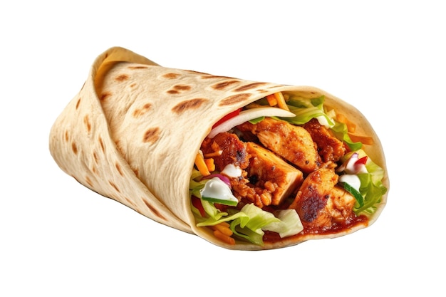 Conceito de comida de rua para viagem Kebab Pita Gyros Shaurma Wrap Sanduíche com legumes frescos de carne e molho em um fundo branco IA generativa