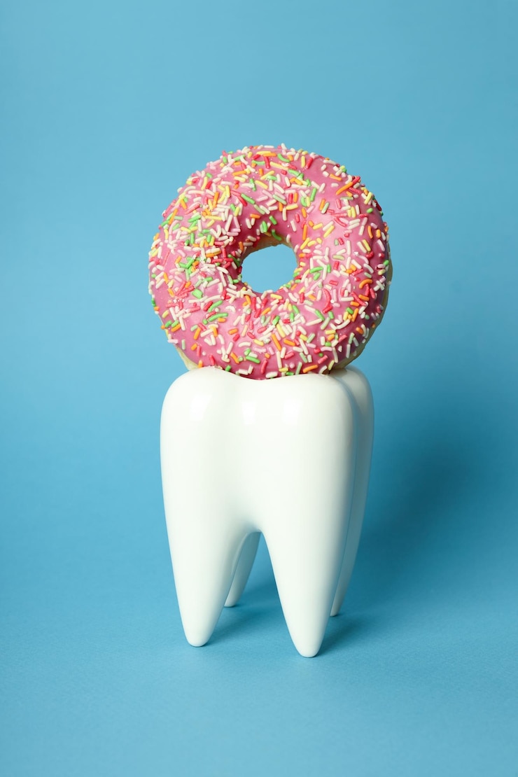 Foto conceito de comida ruim para os dentes em fundo azul