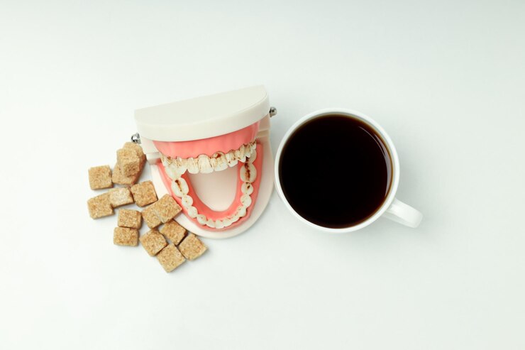 Foto conceito de comida ruim para os dentes na luz de fundo