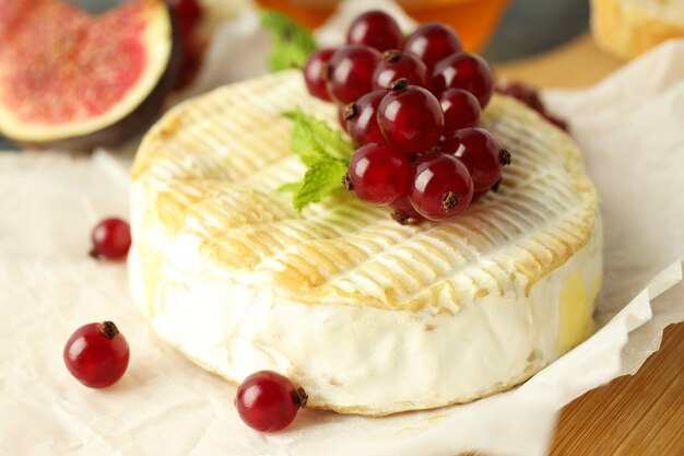 Conceito de comida saborosa com camembert grelhado, close-up.