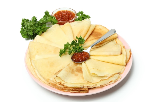 Conceito de comida saborosa com crepes isolados no fundo branco