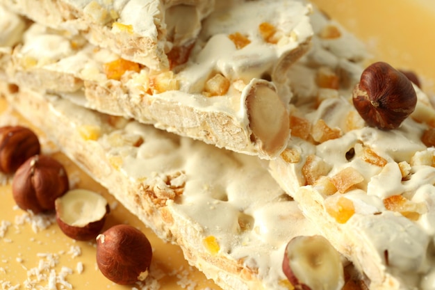 Conceito de comida saborosa com nougat close-up