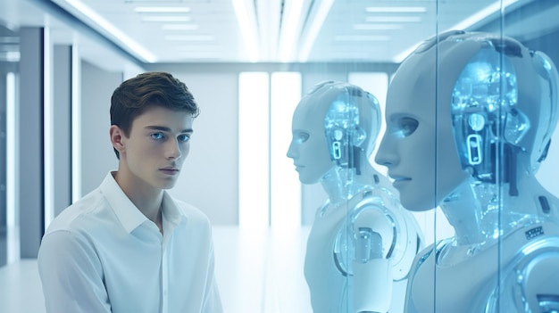 Conceito de competição entre seres humanos e robôs de inteligência artificial