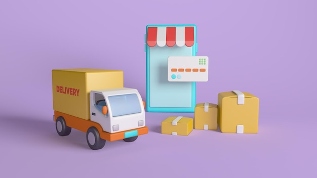Conceito de compras e entregas on-line em 3D com caminhão e pacotes