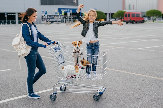 Conceito de compras e família. fêmea feliz carrega carrinho em que garotinha fica com cachorros, posando contra o fundo do shopping, alegrando novas compras. pessoas, felicidade, conceito de dia de folga