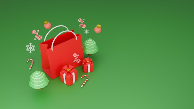 Conceito de compras e feliz natal de sacola de compras com caixa de presente e enfeites de bola de natal em fundo verde. renderização 3d